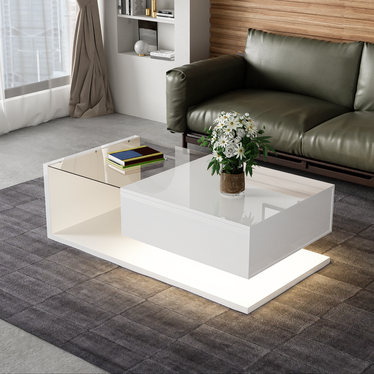Couchtisch, Spanplatte mit Glasplatte & LED-Beleuchtung, 105x55x32,5 cm, Weiß Hochglanz – Bild 4