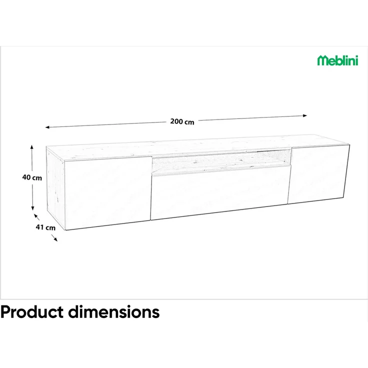MEBLINI TV-Schrank 200cm Lang - Fernsehschrank - TV Lowboard Industrial - Unterschrank für Fernseher - TV-Unterschrank - TV-Schrank - Hängeschrank - LION - 200x41x40cm - Schwarz Matt – Bild 5