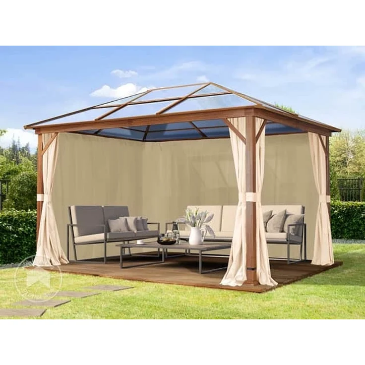 Gartenpavillon 3x4 m Holzoptik, ca 8 mm Polycarboat-Dach, 4 Seitenteile in champagner – Bild 2