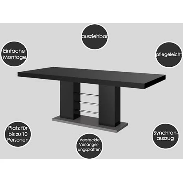 designimpex Esstisch Design HE-111 Schwarz - Grau Hochglanz ausziehbar 160 bis 260 cm – Bild 6