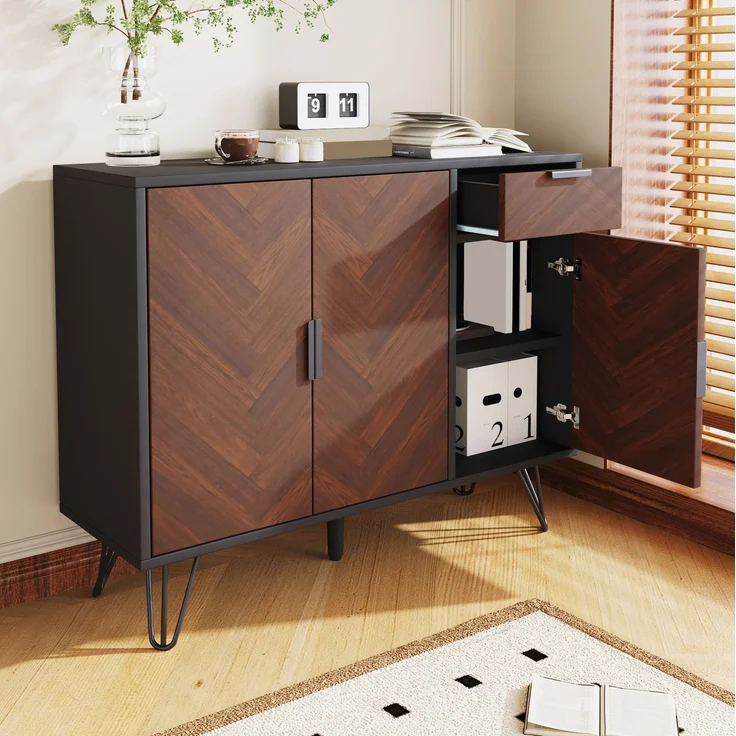 DESVIAE Sideboard mit Schublade und verstellbaren Einlegeböden, 90x71,5x30 cm, MDF/Spanplatte, Schwarz/Holzfarben – Bild 2