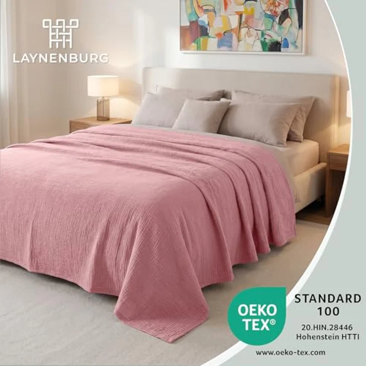 LAYNENBURG Premium Musselin Tagesdecke 180x220 cm - 100% Baumwolle - extraweiche Baumwolldecke als Kuscheldecke, Bett-Überwurf, Sofa-Überwurf, Couch-Überwurf - warme Sofa-Decke (Altrosa) – Bild 3