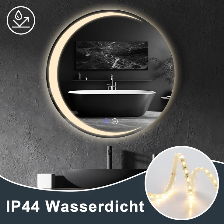ZMH Runder Badezimmerspiegel mit Beleuchtung – 60 cm runder Wandspiegel LED IP44 runder Badezimmerspiegel mit Touch-Schalter und Antibeschlagfunktion – Bild 3