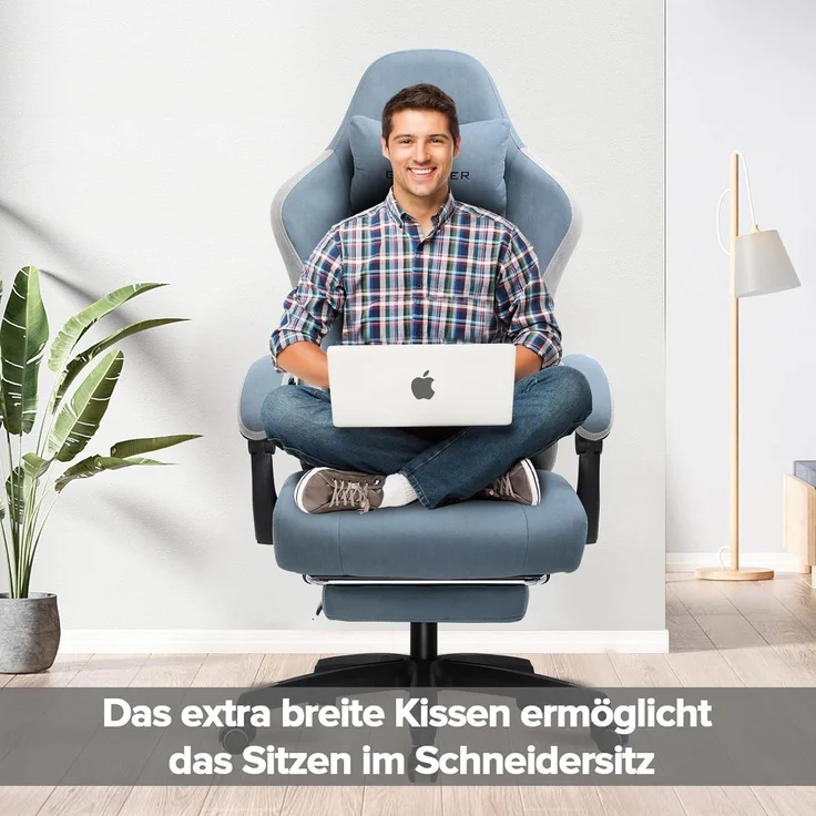 GTPLAYER Gaming Stuhl Ergonomischer Gaming Sessel Schreibtischstuhl mit Stoffoberfläche, Federsitzkissen, Verbindungsarmlehnen und Fußstütze hellblau – Bild 2
