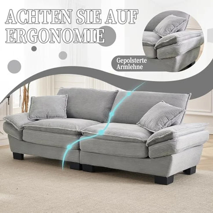 Ball & Cast Couch mit Schlaffunktion, Samt Sofa 2 Sitzer mit Kissen für das Wohnzimmer Wohnung Schlafzimmer, 224 x 81 x 81 (BxHxT), Hellgrau – Bild 5
