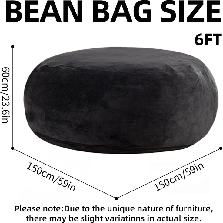 Großer runder Sitzsack 150 cm mit Velboa-Kurzplüschbezug, Memory-Schaum-Loungesitz für Wohn- und Schlafzimmer, Schwarz – Bild 2