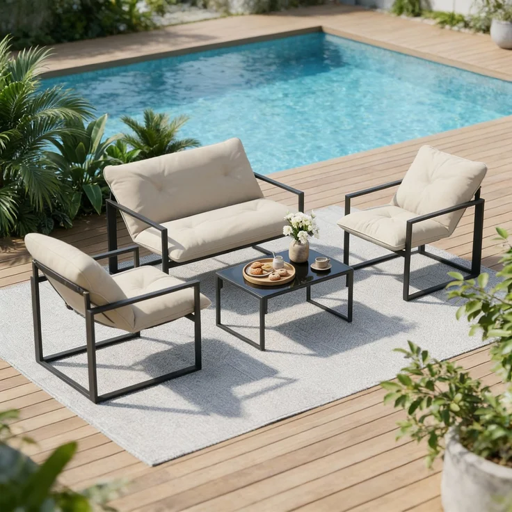 4-teiliges Gartenset mit Sitzbank, 2 Sesseln und Beistelltisch, aus Stahl, Polyester und Baumwolle (PP), beige und grau – Bild 10