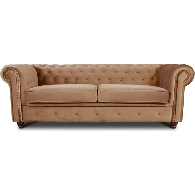 Sofa Chesterfield Asti 3-Sitzer, Couch 3-er, Glamour Design, Couchgarnitur, Sofagarnitur, Holzfüße, Polstersofa - Wohnzimmer, Velours (Beige (Velvet 28))