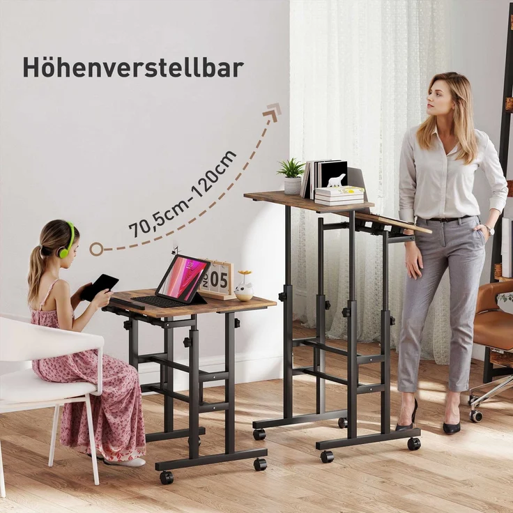 MELAYR, chreibtisch Höhenverstellbar Küchentisch mit Regal, Rollen, 60 x 60 x 120 cm, Rustikal-Braun – Bild 6