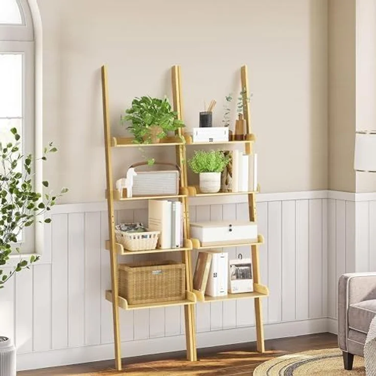 Ribelli Leiterregal mit 4 Ablagen, Bücherregal aus 100% Bambus, ca. 33T x 43,5B x 175H cm, Standregal gegen Wand für Arbeitszimmer, Wohnzimmer, Badezimmer, Küche, 510301 – Bild 6
