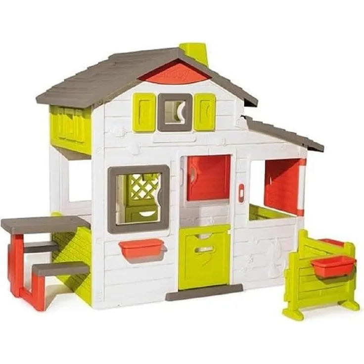 Smoby 'Spielhaus Neo Friends', ab 3 Jahren, mit Picknicktisch, 2 Sitzbänken, geteilte Tür, drehbarer Fensterladen, elektronische Türklingel, 217 x 171 x 172 cm (LxBxH)