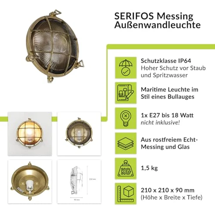 Licht-Erlebnisse SERIFOS, Maritime Wandlampe Außen aus Messing mit geriffeltem Glasschirm, IP64, Ø21 cm, E27 max. 18 W, rustikale Außenleuchte für Garten und Hauseingang – Bild 2