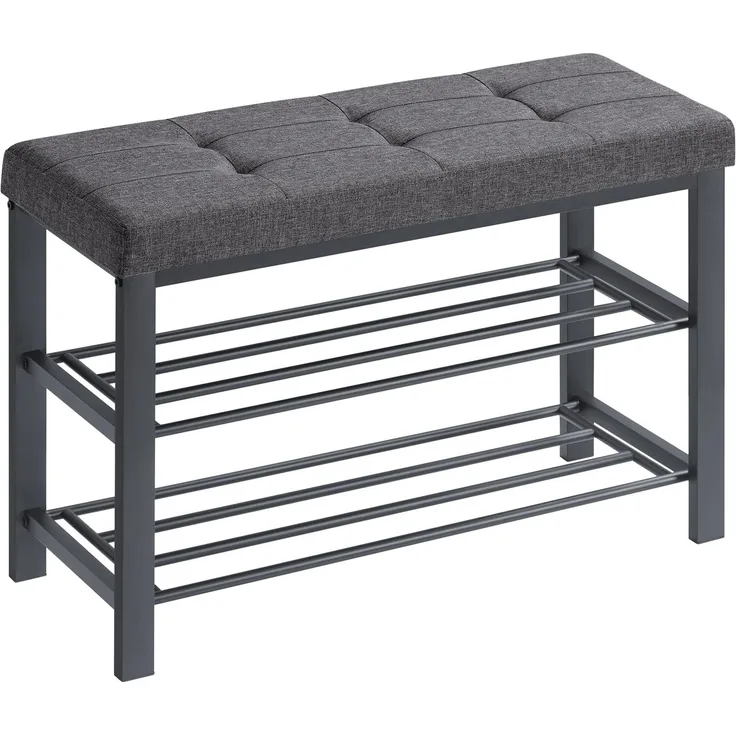 SONGMICS Schuhbank, Schuhregal mit 3 Ebenen, Schuhaufbewahrung, Sitz mit Schaumstoffpolsterung, Leinen, Metallrahmen, für Wohnzimmer Eingangsbereich, 31 x 81 x 49 cm, dunkelgrau-schwarz LBS057B01