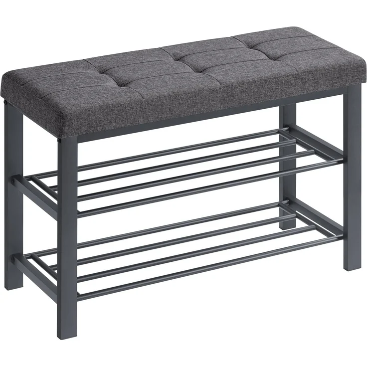 SONGMICS Schuhbank, Schuhregal mit 3 Ebenen, Schuhaufbewahrung, Sitz mit Schaumstoffpolsterung, Leinen, Metallrahmen, für Wohnzimmer Eingangsbereich, 31 x 81 x 49 cm, dunkelgrau-schwarz LBS057B01