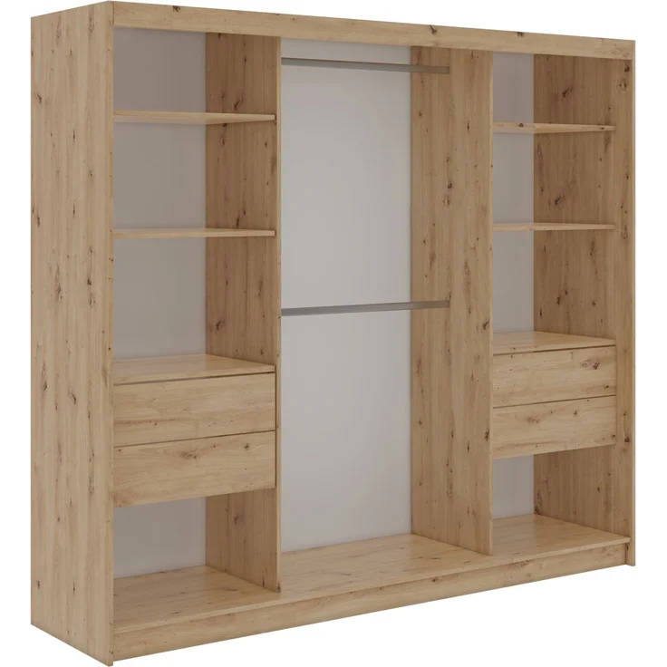 Schwebetürenschrank NAURU mit Lamellen-Optik, moderner Kleiderschrank, Breite 240 cm, inkl. Innenausstattung & Stauraum, Akustikpaneel-Design - Eiche Artisan und Schwarz - mit Schubladen – Bild 4