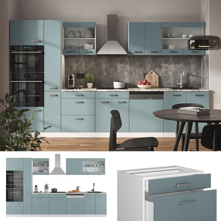 Küchenzeile R-Line Blau-Grau/Weiß 350 cm mit Hochschrank, ohne Arbeitsplatte Vicco – Bild 5