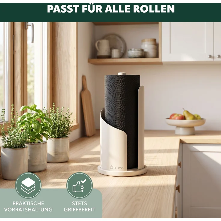 eluno Küchenrollenhalter bis 28 cm oder 3 Toilettenpapierrollen aus Edelstahl und Metall, beige, ca. Ø 15,5 x 31 cm – Bild 2