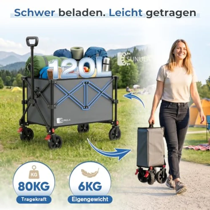 SUNULA Bollerwagen Faltbar Transportwagen, grau, 120 L / 80 KG Klappbar, 4-seitig zusammenfaltbar für Sport, Garten, Einkaufen, Camping – Bild 3