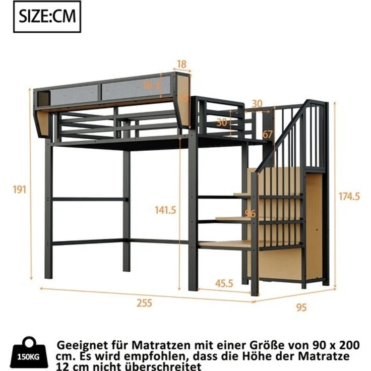 Odikalo Hochbett Kinderbett Metallbett Leiter Fallschutz Staufach 90x200 Weiß/Schwarz – Bild 4