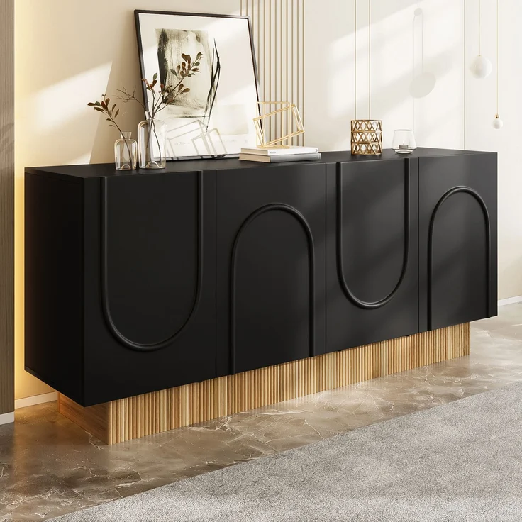 ZUBALIYA Sideboard 160x38x75 cm, mit 4 Türen, aus Spanplatte, Schwarz / Holzfarben – Bild 3