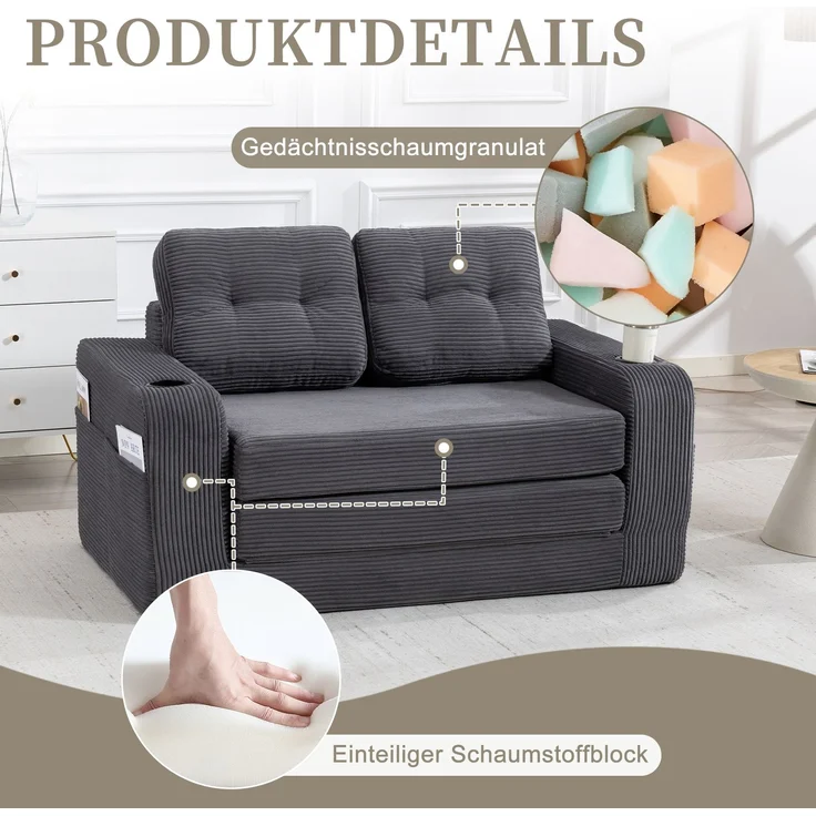 LVHOM 2-Sitzer Sofa aus Cordstoff – Montagefrei, Multifunktionales Schlafsofa mit Getränkehaltern und Seitentaschen, klappbares Gästebett, Grau – Bild 5