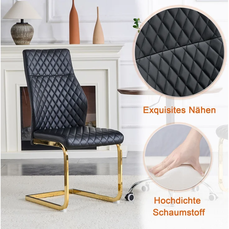 Couchtisch- und Stuhlset 60 cm – runder MDF-Tisch in Walnuss-Optik mit 2 schwarzen Stühlen, Metallgestell – Bild 5