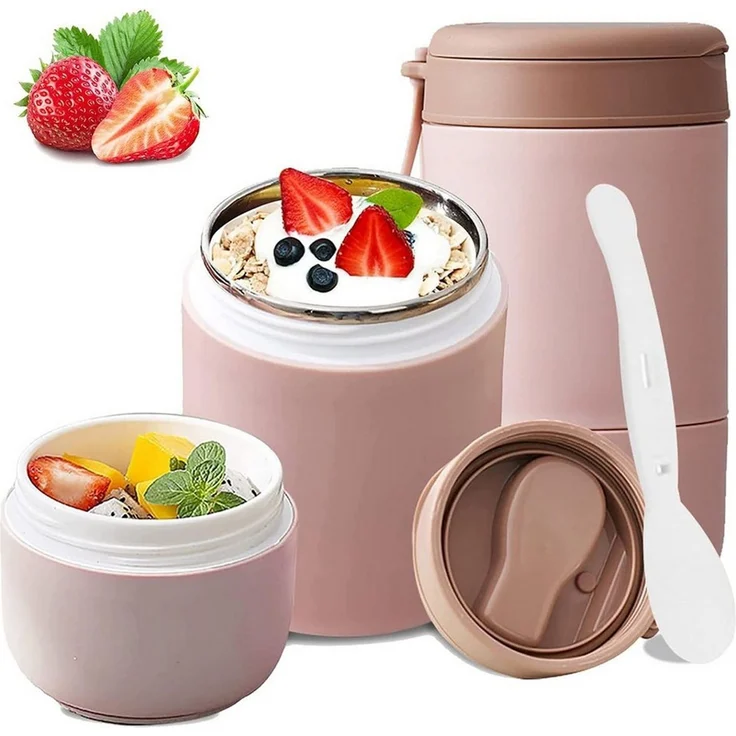 MOPUEA Lunchbox Müslibecher To Go 800 ml Thermobehälter Doppelwandig Joghurtbecher, (1-tlg), mit Löffel auslaufsicher – Bild 5