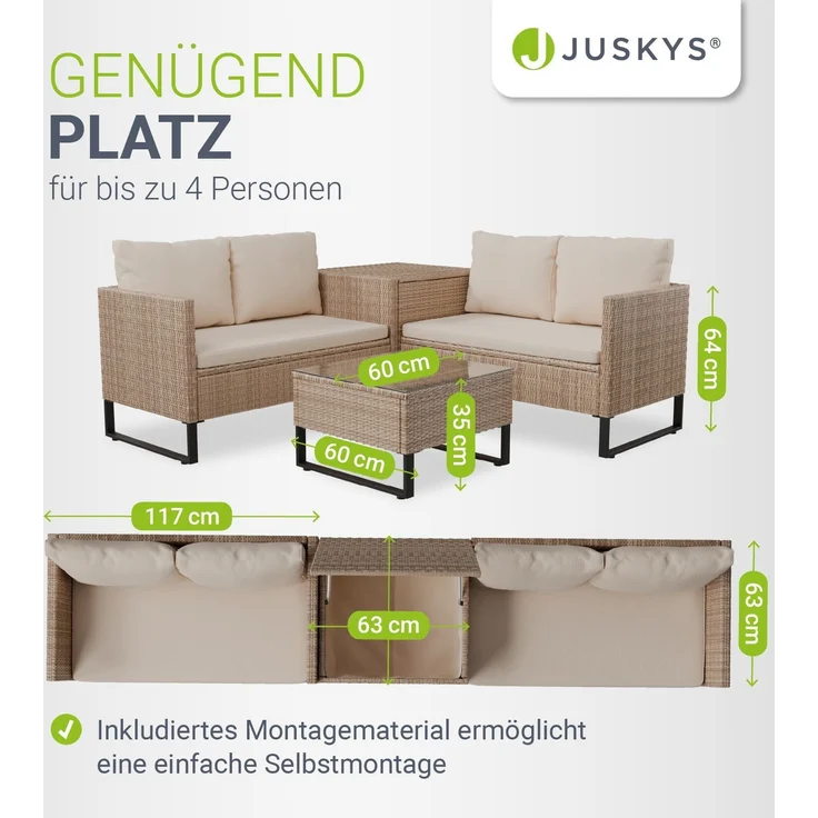 Juskys Outdoor Polyrattan Lounge Santorini inkl. Abdeckung - Gartenlounge mit Beistelltisch & Auflagenbox - Gartenmöbel Set Rattan Sitzecke wetterfest - Creme – Bild 6