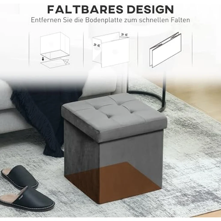 HOMCOM Sitzhocker mit Stauraum Klappbar Hocker mit Deckel (Fußhocker, 1 St, Sitzwürfel), Polsterhocker mit Samtoptik 38 x 38 x 38 cm Grau – Bild 6