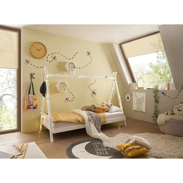Kinderbett >Sora< in weiss, Kiefer Massivholz - 95x154x213cm (BxHxT)