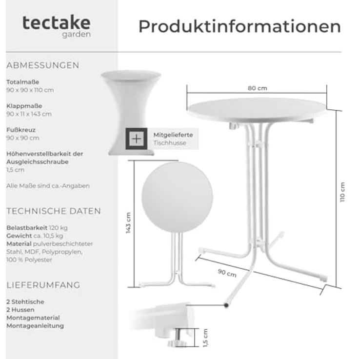 tectake® Gastro 2er Set Stehtisch klappbar, Bistrotisch mit Husse, Tisch Ø80cm, Stehtisch mit MDF-Tischplatte, Gartentisch klappbar, Klapptisch, rund, Stahlgestell, stabil und robust - weiß, 2er Set – Bild 4
