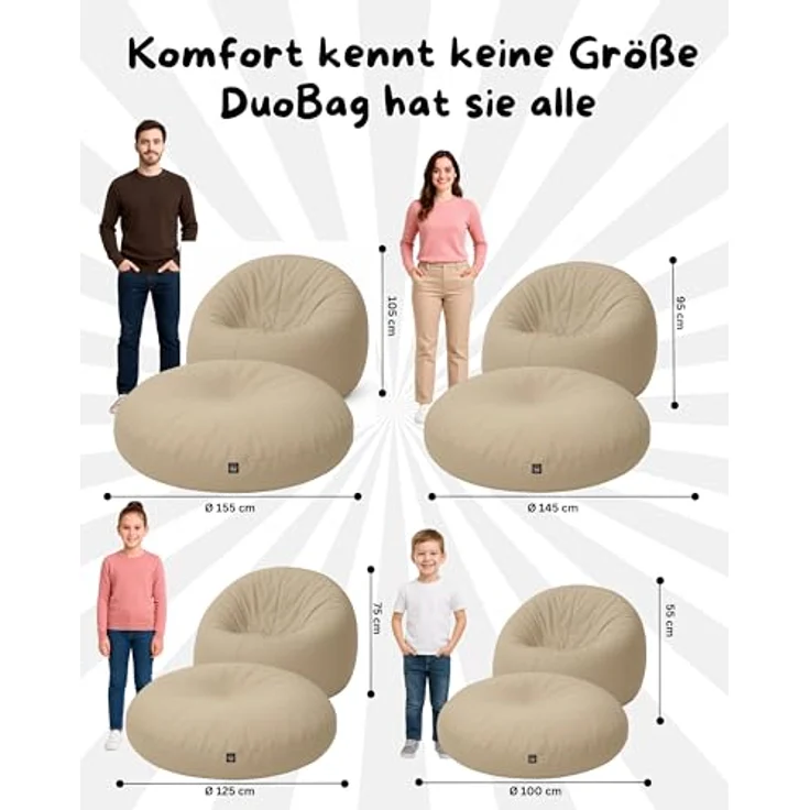PATCH HOME 2-in-1 Sitzsack Sessel - Gaming Bean Bag mit Reißverschluss - Bereits befüllt, Ergonomisch & Robust für Kinder & Erwachsene - Indoor & Outdoor, Wetterfest (Beige, 155cm) – Bild 3