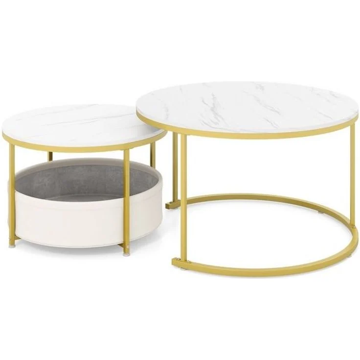 COSTWAY Couchtisch (2er Set), rund Satztisch Marmor mit Korb gold – Bild 4