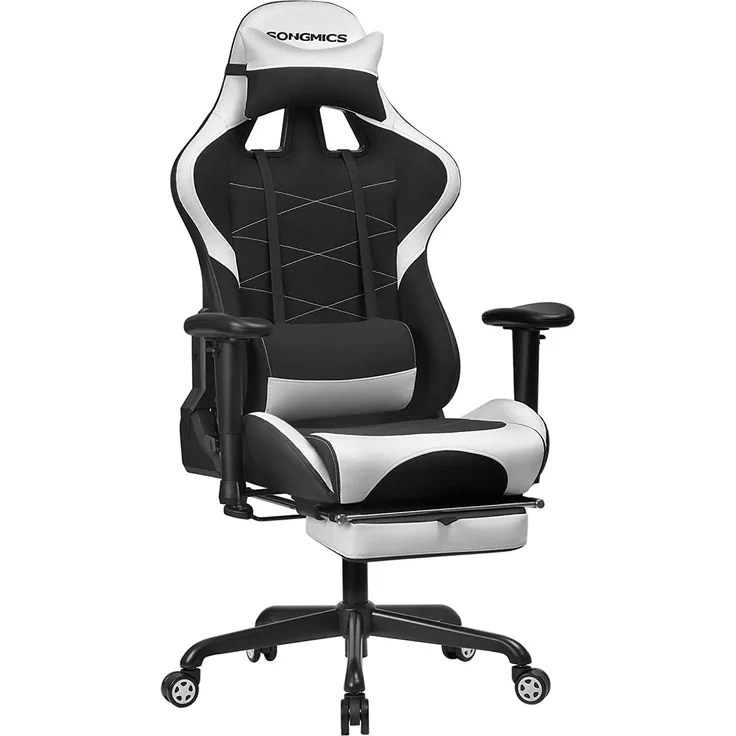 Songmics Gamingstuhl mit Fußstütze, 150 kg, Bürostuhl, Schreibtischstuhl, Lendenkissen, Kopfkissen, hohe Rückenlehne, ergonomisch, Stahl, Kunstleder, atmungsaktives Meshgewebe, schwarz-weiß RCG52BW