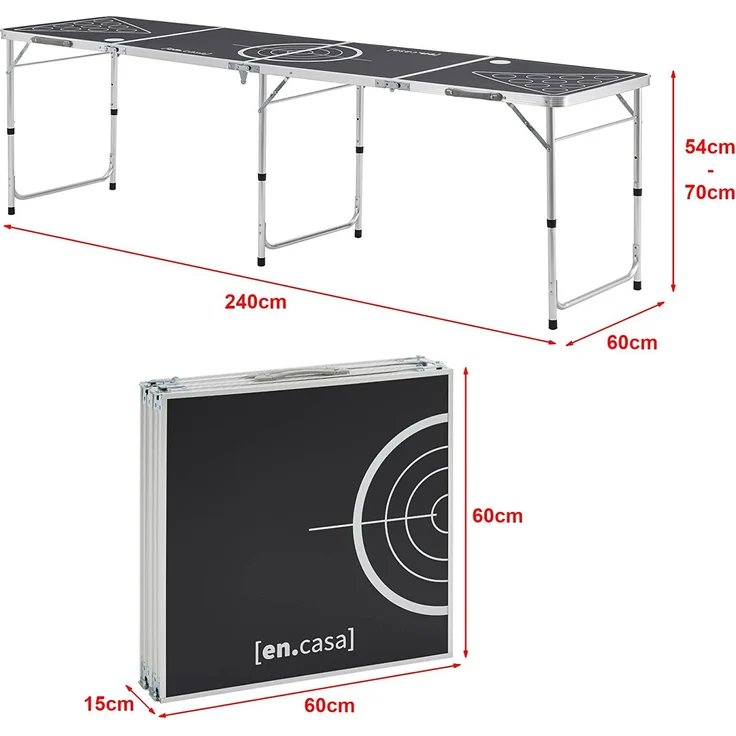 [en. casa] 'Ibiza' Bierpong Tisch, klappbar und höhenverstellbar, Aluminium / MDF schwarz, 60x240 x (54-70) cm – Bild 8