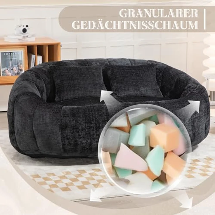 Ball & Cast Sitzsack, Durable Komfort Chenille Lazy Bag, Beanbag Chair mit 2 Kissen für Schlafzimmer, Büro, Schwarz, 2 Sitze – Bild 7
