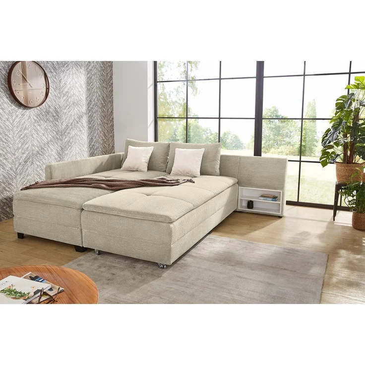 Ecksofa-Dauerschläfer Doppelbett Federkern Bettkasten Couch in Cord Beige Grau – Bild 5