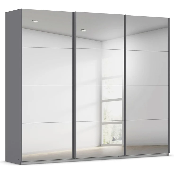 Rauch Möbel Kulmbach, Kleiderschrank mit Schwebetüren für Schlafzimmer, Kinderzimmer, Jugendzimmer, Garderobe, Flur, 3-türig, mit Spiegel, Zubehör Classic, Farbe Grau metallic, Schwarz, Breite 271 cm