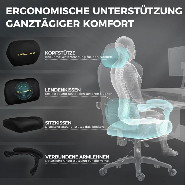 Dowinx Gaming-Stuhl Atmungsaktiver und Ergonomischer Bürostuhl aus Mikrofaser-Velours (Packung), Weiches Sitzgefühl, Verstellbarer Schreibtischstuhl mit Fußstütze – Bild 3