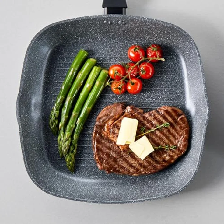 Russell Hobbs RH02813EU7 Metalllic Marble Grillpfanne - Antihaftpfanne, 28cm Universal Bratpfanne, Grillen, Anbraten, Induktionskochfeld geeignet, Kochen mit wenig bis kein Öl für gesunde Mahlzeiten – Bild 8