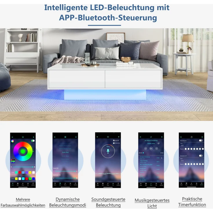 Merax Moderner Hochglanz Couchtisch in Weiß, 115 x 55 x 34 cm, mit 2 Schubladen, LED-Beleuchtung und 30 kg Tragkraft – Eleganter Wohnzimmertisch – Bild 5