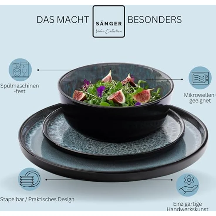 Sänger Manila Tafelservice, 24-teilig, Blau, Steingut, kratzfest, rund, 26.5 cm, spülmaschinen- und mikrowellenfest – Bild 4