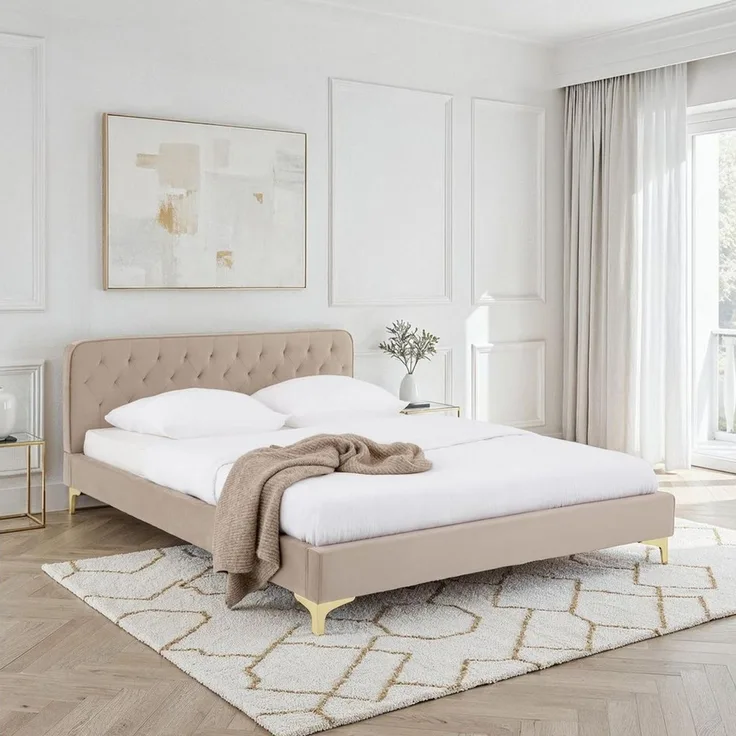 CARO-Möbel Polsterbett GLAMOUR, Bett GLAMOUR gepolstert mit Steppmuster aus Samtstoff beige