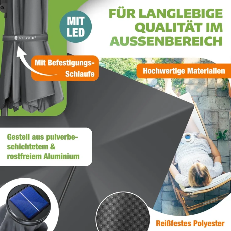 KESSER® Sonnenschirm Ampelschirm SUN XL 300 x 300 cm Inkl. Abdeckung +Windsicherung Drehbar Neigbar Kippbar Marktschirm Groß 360° Rotation, Gartenschirm mit Kurbel Sonnenschutz UV50+ Anthrazit, Mit LED – Bild 3