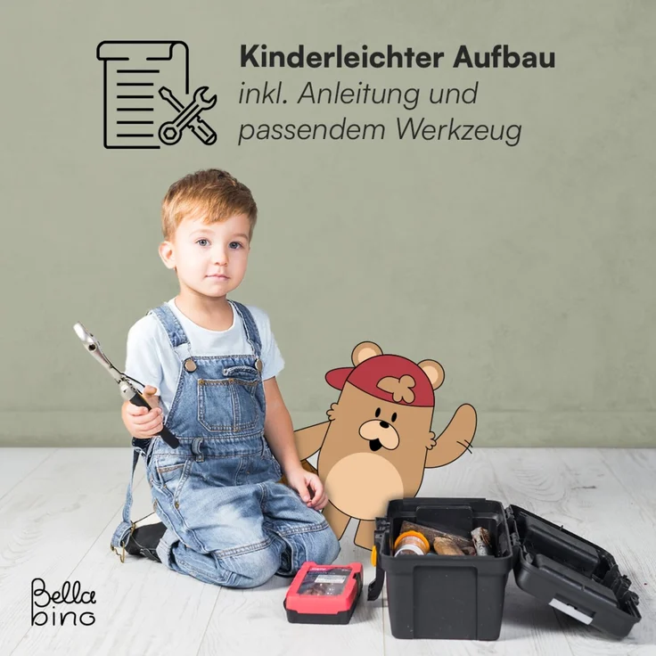Bellabino 'Bia' Hausbett 120x200 cm mit 2 Schubladen, natur, Kiefer Massivholz, Montessori Kinderbett mit Stauraum, inkl. Rausfallschutz und Lattenrost – Bild 9