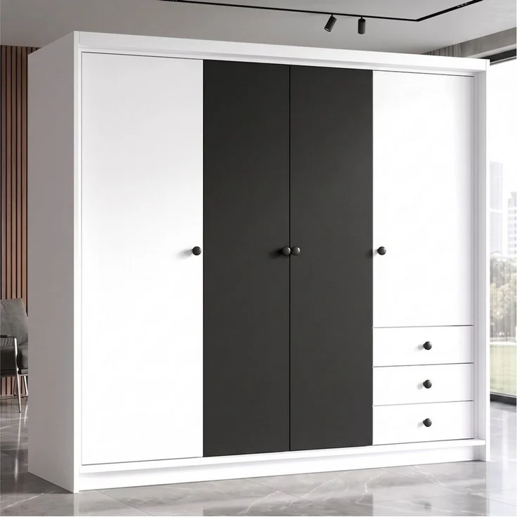 A&J MöbelLand GmbH Drehtürenschrank FALKEN– viertüriger Kleiderschrank 200 cm (Geräumiger viertüriger Kleiderschrank mit Schubladen. Geräumiger Schrank mit einer Breite von 200 cm und Schubladen, ideal zur Aufbewahrung von Kleidung und Accessoires. Vie... – Bild 2