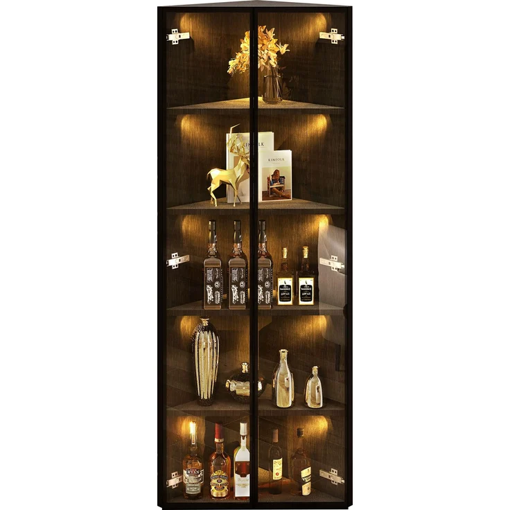 Eckvitrine 62x35x160 cm in Schwarz mit LED-Beleuchtung und Soft-Close-Türen – Bild 3