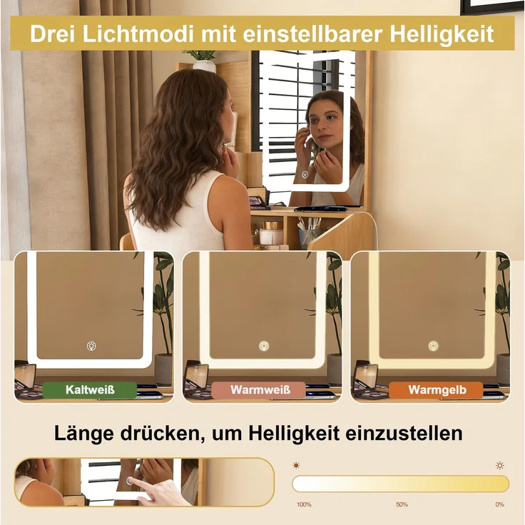 CHICFURN Schminktisch 60x130x36 cm aus MDF mit LED-Beleuchtung, Hocker und 2 Schubladen – Naturholz – Bild 4