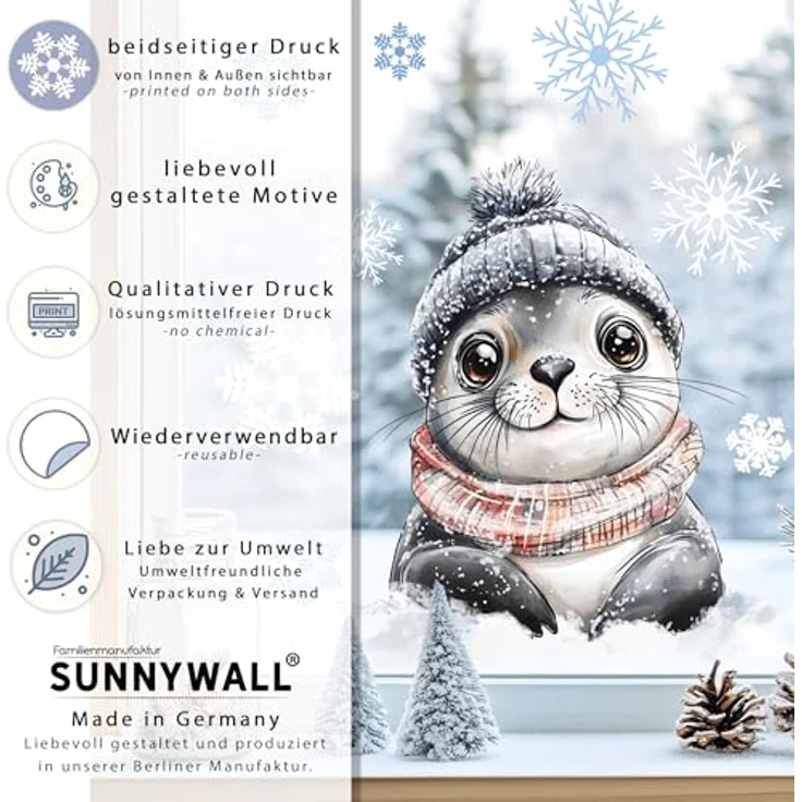 Sunnywall Fensterdekoration wiederverwendbares Fensterbild Winter Robbe, wiederverwendbar, statisch haftend, beidseitiger Druck – Bild 6