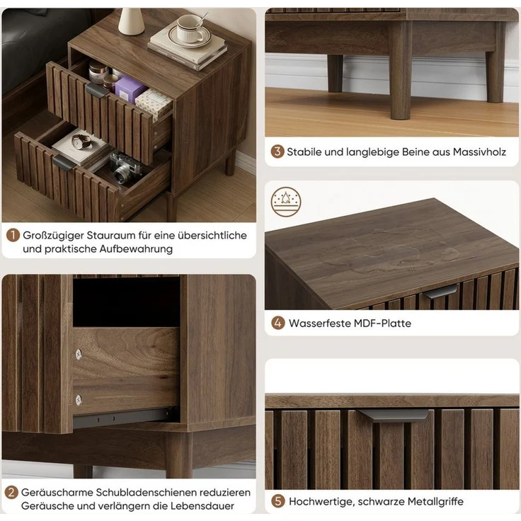 Celya Nachttisch 45 x 39 x 56.5 cm, Lattenrost-Design aus Holz mit zwei Schubladen (1er-set, Schlafzimmer Nachttisch für Schlafzimmer, Flur, Wohnzimmer) – Bild 4